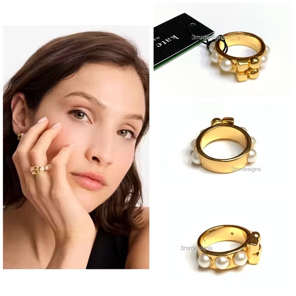 NWT Kate Spade ♠️ NOEL 12-K Matte Gold Plated Brass Glass Pearls Chunky Ring - Picture 3 of 11